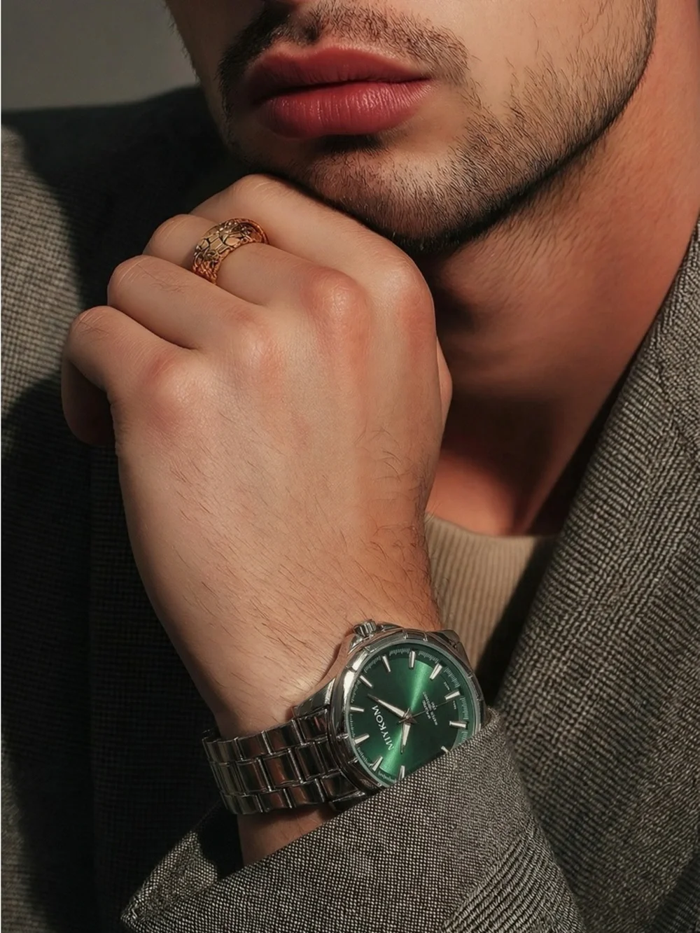 Miykon Men's Green Dial Stainless Steel Quartz Watch - Water Resistant
